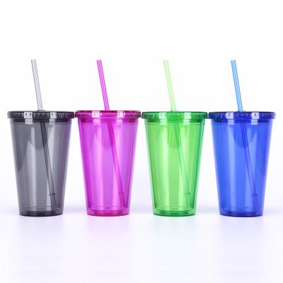 China Wholesale 16OZ Double Wall Promotional Mug Plastic Gift Coffee Tumbler Cups With Straw In Bulk for sale