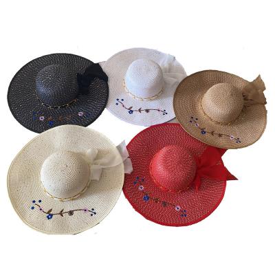 China Wholesale Women's Wide Brim Paper Sun Hat 100% Factory Embroidery Picture Hat Summer Fashion Beach Chain Sun Protection Hat for sale