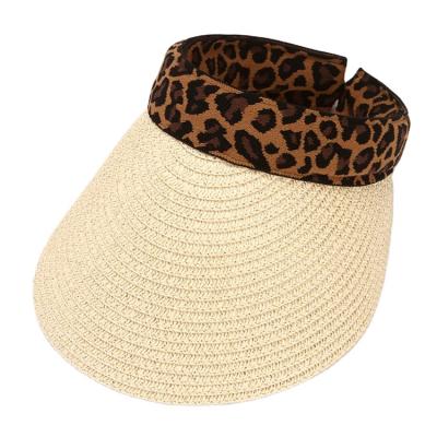 China Wholesale Striped Travel Foldable Beach Straw Hat Leopard Pattern Sun Ladies Sun Ladies Wide Brim Hat for sale