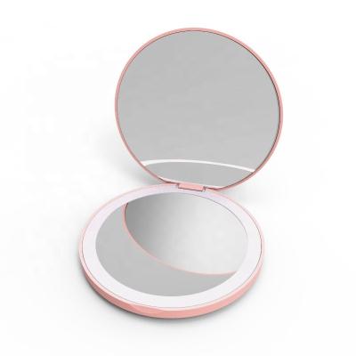 China Lighted Round LED Makeup Mirror Portable Compact Mini Folding Makeup Mirror for sale