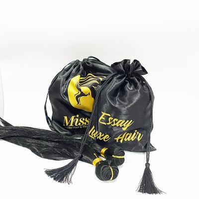 China Draswing wholesale  black satin silk hair bags custom logo long extensions wig dust packing gift pouch with logo for sale