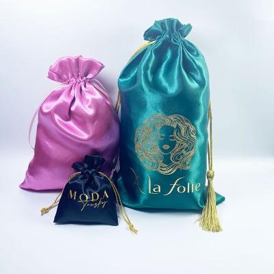 China Draswing wholesale Custom wig dust bundle drawstring  pouch satin silk hair package bag with logo for sale