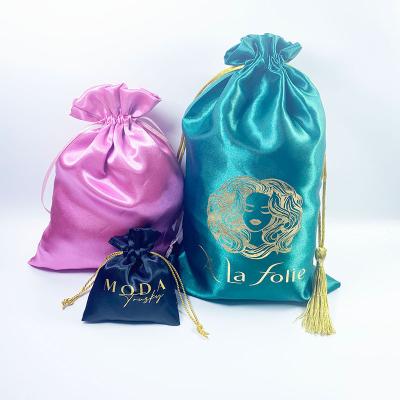 China Draswing Wholesale Big Large Black gold stamping satin silk dust drawstring  wig  pouch bundle hair packaging candle bags with logo for sale