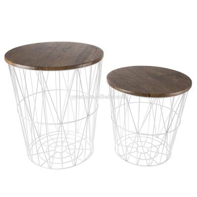 China Modern Basket Table Customized Design Round Nesting Coffee Tables With Baskets Under PVC Top Wood Lid for sale