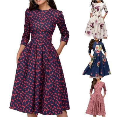 China 2021 Retro Seven Party Breathable Floral Quarter Sleeves Around Neck Dress Fashion Women Cheap Elegant Casual Modern Dress for sale