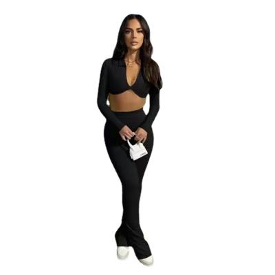 China Factory direct supply women's breathable sweatshirt set V-neck short top long jogging suit women set 2 pieces for sale