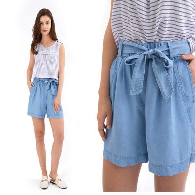 China Breathable fashion top waist ladies denim top shorts elastic waist ladies blue pants with pockets for sale