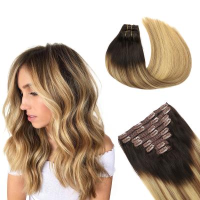 China Silky Straight Wave Rubygaga Clip In Human Hair 8pcs 16 Inch 130g Double Weft #2/6/18 Remy Brazilian Dark Brown Weft Extensions 100% Real Lace for sale