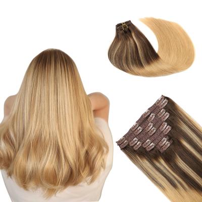 China Silky Straight Wave Rubygaga Clip In Hair Extensions 8pcs 16 Real 18 20 22 Lace Remy Hair Weft #4/18 Double Inch 130g 140g 150g 160g for sale