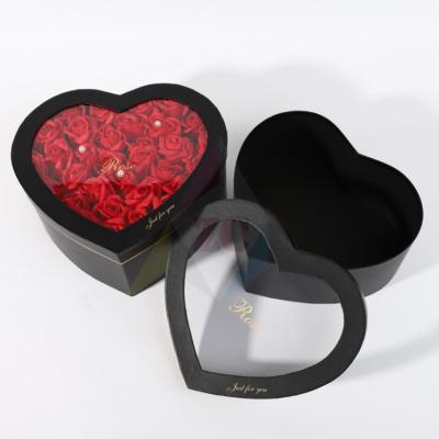 China Handmade Wholesale Customized Luxury Rose Heart Shape Flower Box With Window Lid Two-Layers for sale