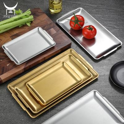 China Sustainable Korean Golden Retro Dessert Buffet Plat Steak Fruit Dish Flat Shallow Tray Stainless Steel Barbecue Plate for sale