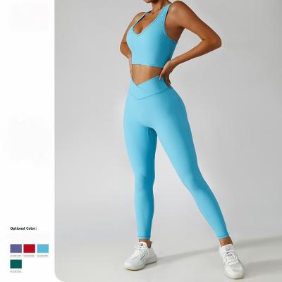 China New Arrival 2022 Breathable Good Quality Wear V Waist Yoga Pants Gym Activewear Sexy Ribbed Workout Set 2 Piece Women Workout Set for sale