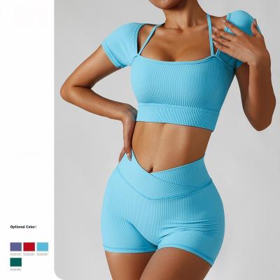 China 2022 New Fashionable Fitness Clothing Women's Breathable Shorts Sheath Sexy Main V Waist Crop Workout Gym Set Ribbed for sale