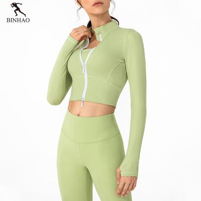 China High Neck Front Zip Compression Crop Top Breathable Female Fitness Clothing Plus Size Yoga Jacket With Thumb Hole for sale