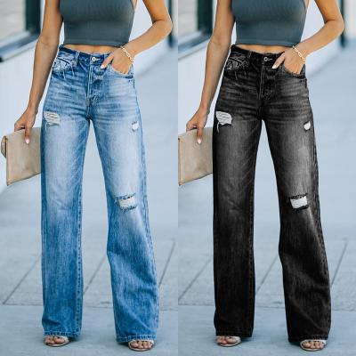 China Breathable Stylish Mid Waisted Vintage Woman Straight Loose Jeans Ripped Hole Wide Leg Denim Pants for sale