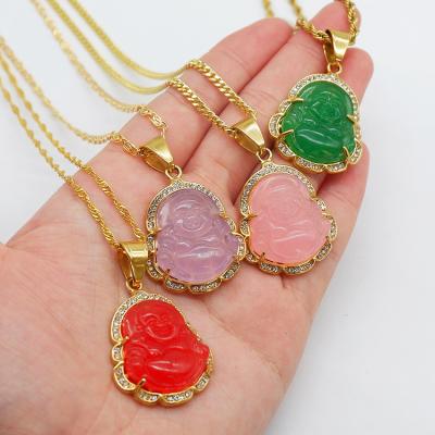 China FASHIONABLE Gold Green Jade Stainless Steel Buddha Necklace Pendant Jewelry for sale