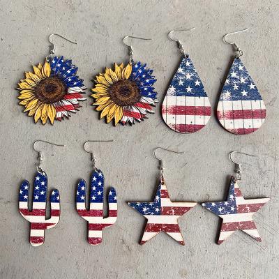 China Vintage 2022 Summer New Styles Cactus American Flag Independence Day Handmade Wooden Western Earring for sale