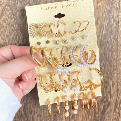 China TRENDY Trendy 18k Gold Plated Geometric Fashion Pearl Circle Drop Earrings Huggie Earring Sets Jewelry For Women for sale