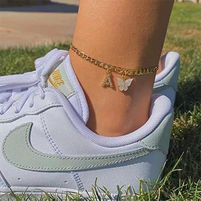 China BOHEMIA 14K Gold Plated Summer Style Women A-Z Charm 26 Letter Zircon Crystal Pendant Butterfly Initial Anklets Bracelet Jewelry for sale