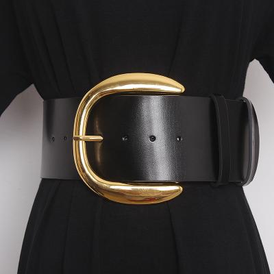 China Newest Designs Fashion.Casual Vintage Women's Wide Genuine Leather U Brass Buckle Belt Skirt Decoration Fashion Belt for sale