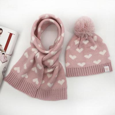 China Long New Heart Print Kids Knit Pom Pom Beanies Hat Scarf Two Piece Set for sale