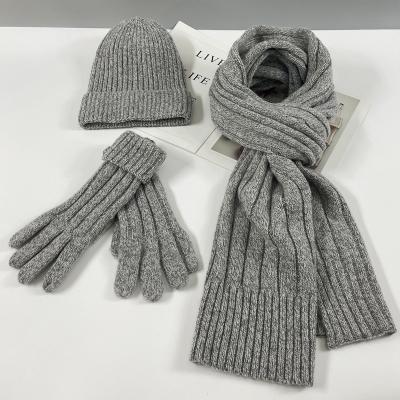 China Long New Designs Winter Wool Knit Three Piece Set Warm Solid Color Wool Hat Scarf Glove Set for sale