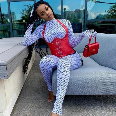 China Antibacterial Full Letter Printed Jumpsuit Tights Pants Women Set Long Sleeve With High Gloves Collar Tops for sale