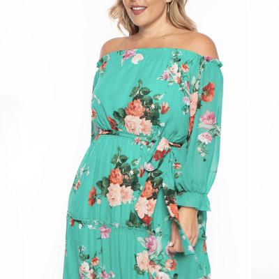 China Elegant Floral Flower Anti-Static Print Off The Shoulder 2021 Summer Long Plus Dress for sale