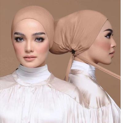 China Newest Pure Color Islamic Muslim Hats Ruched Cotton Tank Top Elastic Tie Back Under Inner Scarf Hijab Hats for sale