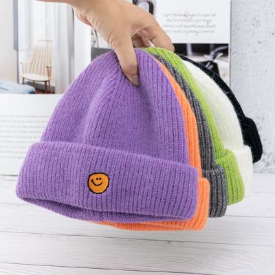 China New Arrival JOINT Acrylic Knit Custom Winter Beanie Hats Winter Hats With Smile Embroidery for sale