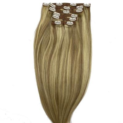 China Silky Straight Hair Extension Brazilian Hair Clip In Brown Pulled Straight 150g Ash Blonde 20 Inch Hair Extensions Double 7 Pieces for sale