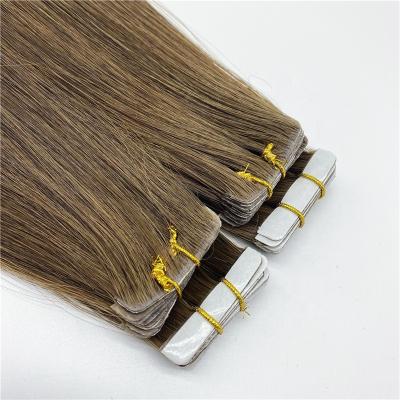 China High Quality Silky Straight Wave Indian Virgin Brown Hand Tied Remy Human Skin Seamless Weft PU Invisible Tape In Hair Extensions for sale