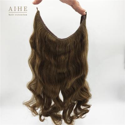 China Invisible wire halo hair extensions wavy brown layered remy human hair cheap price high quality silky straight real wave for short for sale