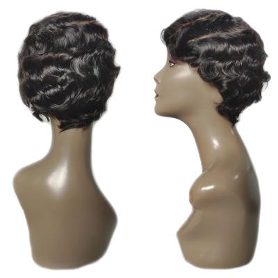 China Short Wave Human Hair Wigs Non Lace Wave Wig Machine Made Natural Color 8Inches for sale