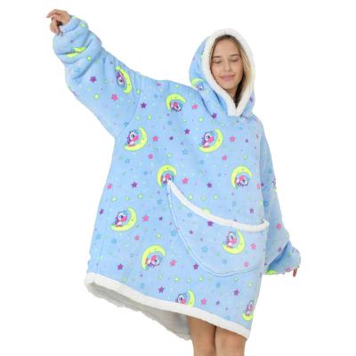 China Custom Wholesale Oversized Luxury Thick Adults Wearable Winter Horse Moon Fleece Plush Sherpa Flannel Blanket Wearable Hoodie Unisex for sale