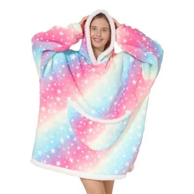 China Wholesale Custom Winter Wearable Oversized Thick Warm Adults Fleece Plush Sherpa Flannel Galaxy Wearable Covering Hoodie for sale