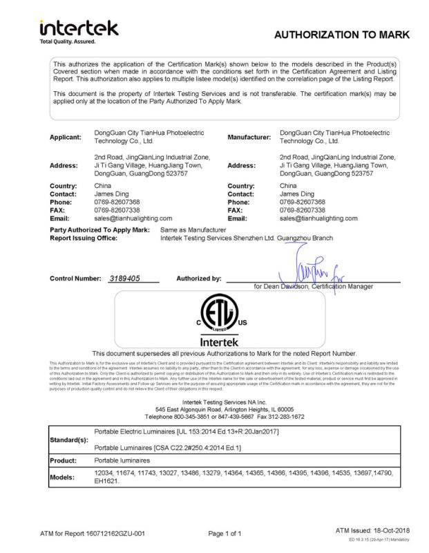 ETL - Dongguan City Tianhua Photoelectric Technology Co., Ltd.