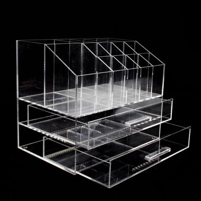 China Viable Clear Makeup Box with Organizer 2-Drawers Plastic Acrylic Lipstick Organizer Display Organizer Cosmetic Storage Box for sale