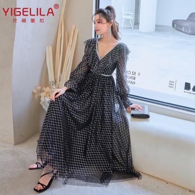 China French Black Waist Show Collar Temperament V Sleeve Horn Dress Anti-wrinkle YIGELILA 2021 Slim Gauze Skirt for sale