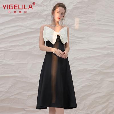 China YIGELILA 2021 Anti-wrinkle French retro bow patchwork dress black and white waist slimming sleeveless dress for sale