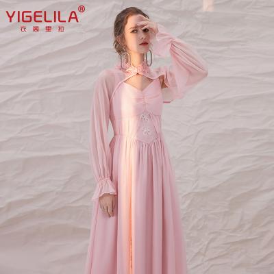 China Anti-wrinkle YIGELILA 2021 fall fashion French pink dress new chiffon two-piece dress early retro gauze for sale