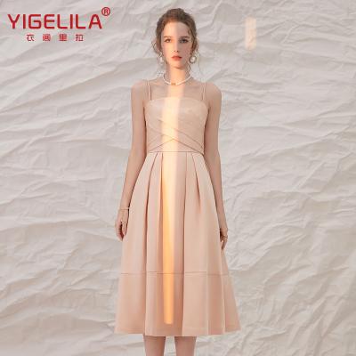 China 2021 Anti-wrinkle YIGELILA Champagne color condole belt chest formal dress skirt small wind dew shoulder temperament fragrant dress for sale