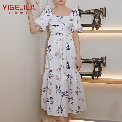 China YIGELILA 2021 Anti-wrinkle French white printed long skirt with bubble sleeves and square collar pleated waist and slim dress for sale