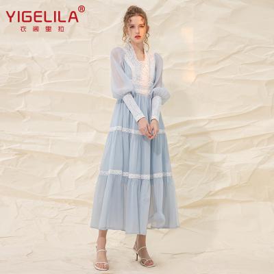 China 2021 Spring Autumn Light Blue Lace Square Anti-wrinkle YIGELILA Long Neck Sheath Dress Women Elegant Dresses Causal Clothing for sale