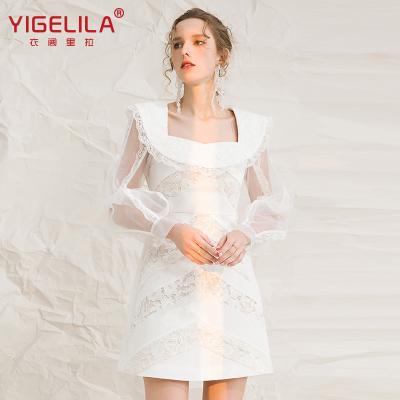 China YIGELILA Anti-Wrinkle New Arrival Dress Lace Casual Dresses White Square Collar Full Sleeve Vintage Mini Dress Women Solid Dress for sale