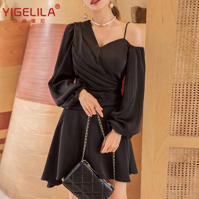 China 2021 Summer Women Anti-wrinkle New Black Elegant Long Sleeve Evening Dress Party Girls Club Night One-Shoulder Dress for sale