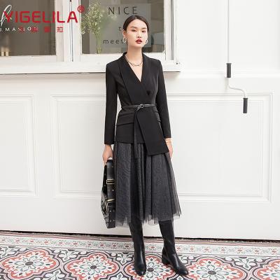 China YIGELILA 2021 Viable Women's Professional V-Neckline Petite Suit 2 Piece Mesh Irregular Skirt Set for sale