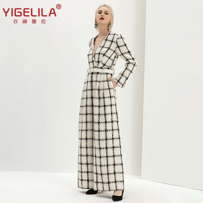 China YIGELILA 2021 Anti-pilling Spring Women's Overalls Wide Leg Plaid Casual Tweed Pants Elegant Black And White Office Ladies Outfits for sale