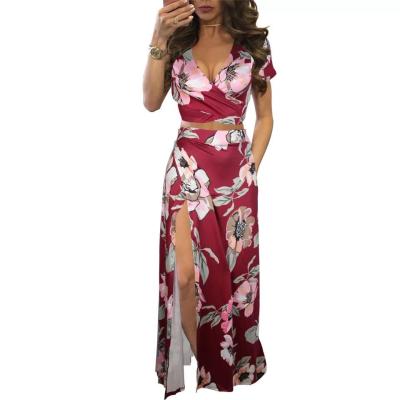 China Color Anti-static Classic Floral Two-piece Set Flower Chinese Style Hotsale Open Crotch Long Dress Set for sale