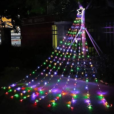 China Eco-friendly Material Solar Power Star Pentagon Waterfall Christmas Tree Lights Outdoor Decorative Yard Lights Solar Remote Control Running Water Lights for sale